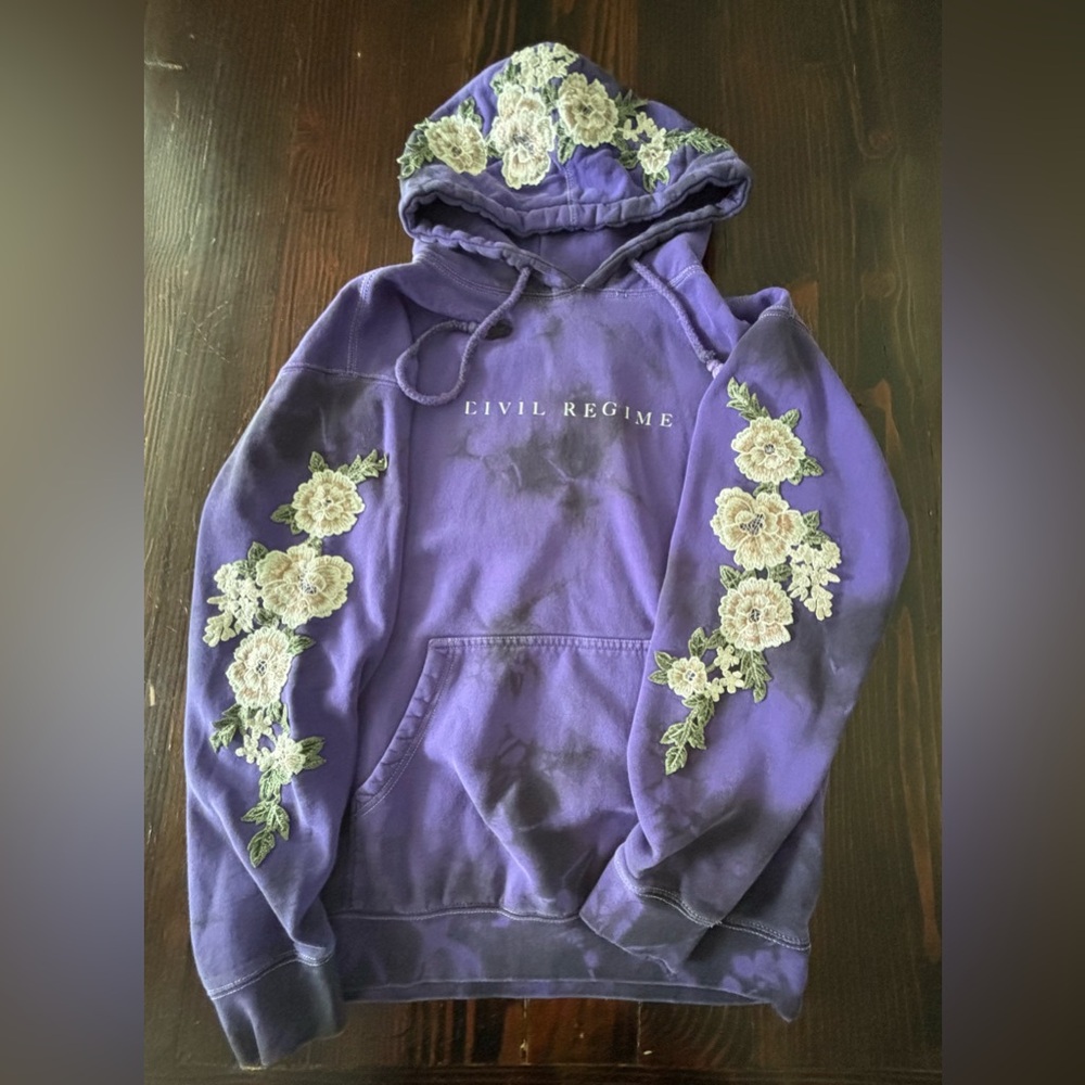 Civil Regime | White Roses Hoodie | Tie Dye Rose Appliqué Sweatshirt‎ | Small